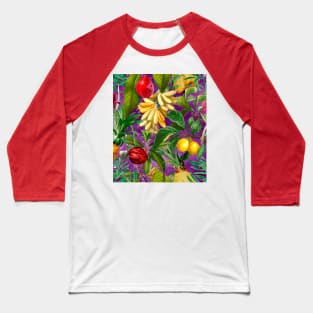 Vibrant tropical floral leaves and fruits floral illustration, Purple fuchsia fruit pattern over a Baseball T-Shirt